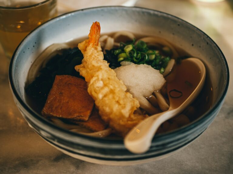 烏龍麵與讚岐 brown soup with white rice on stainless steel bowl