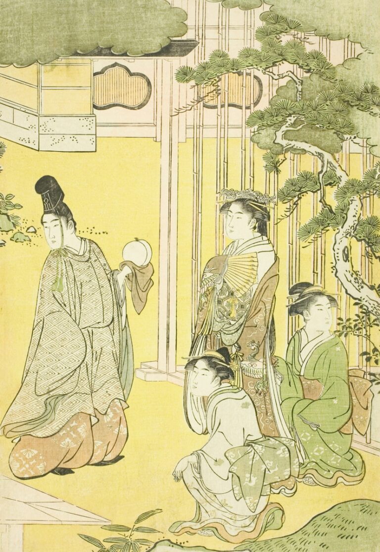源氏物語與京都 a painting of a group of people sitting around a tree