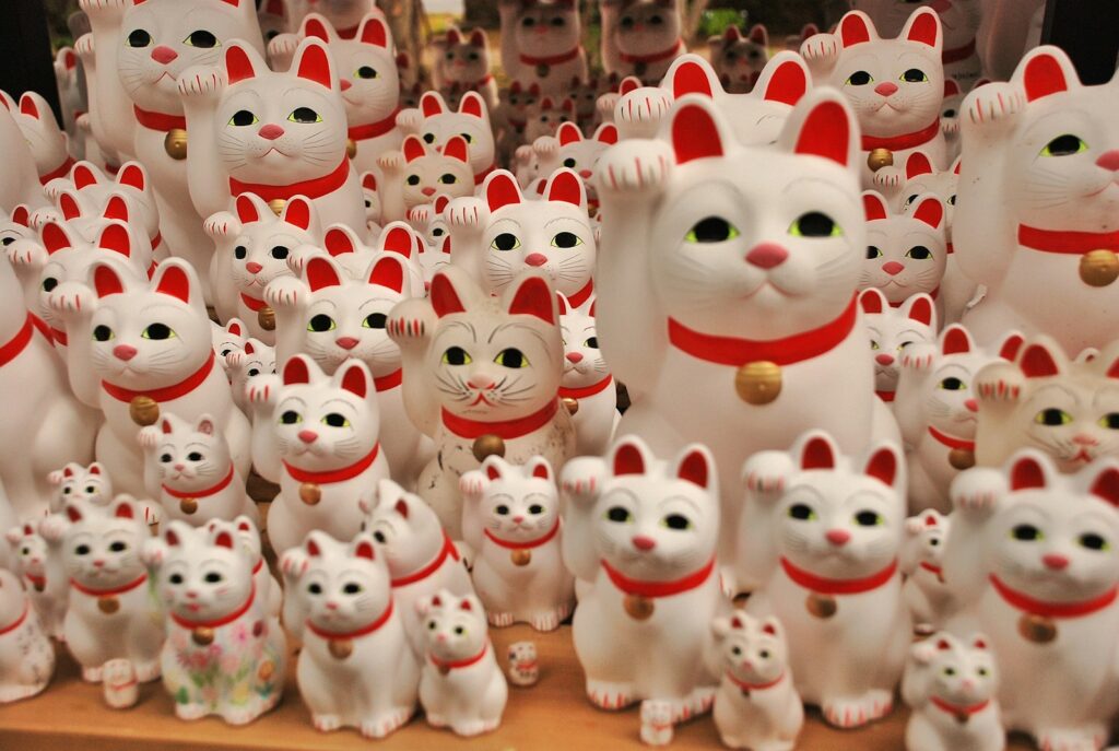 日本招財貓的由來 a large group of white cats with red collars